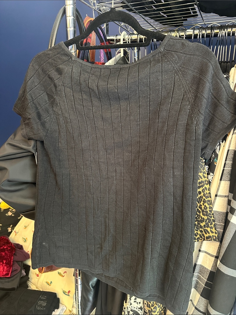 Alfani 100% Silk Black Ribbed Short-Sleeve Top with Front Tie - Picture 4 of 5